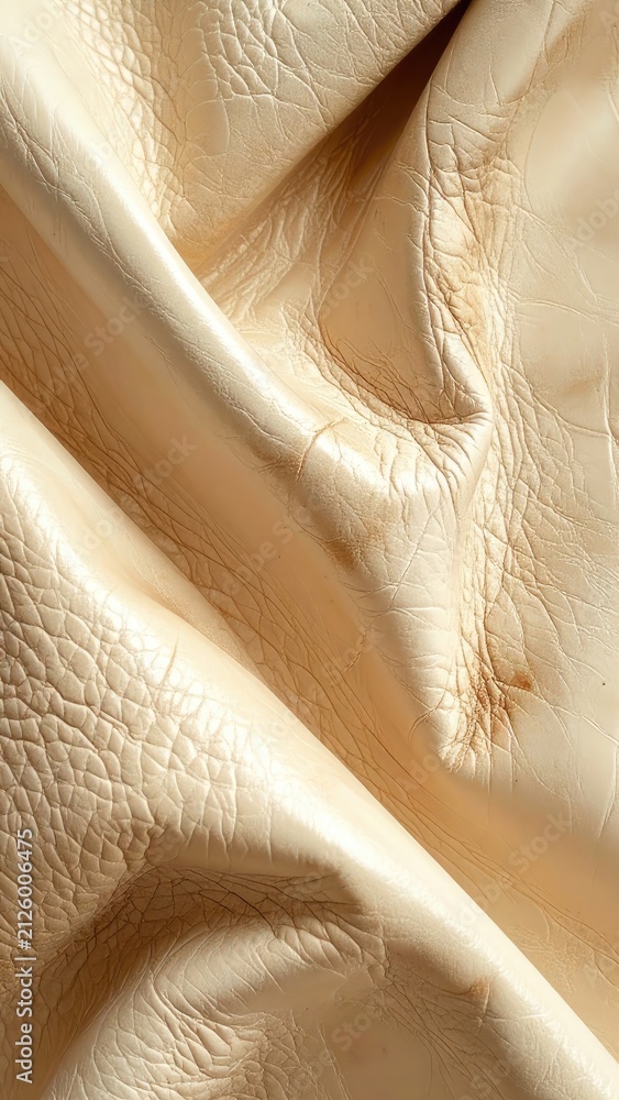 Fototapeta premium Close-up of beige leather texture with wrinkles and creases.