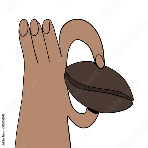 cartoon drawn big hand holding a coffee bean, double illustration, poster for cafe