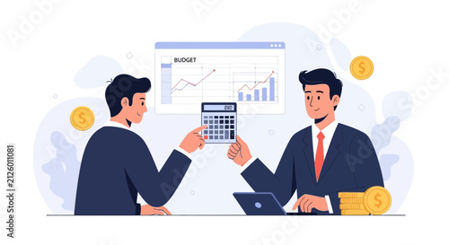 Businessmen calculating budget with charts, calculator, coins, and laptop, symbolizing financial planning and investment growth.