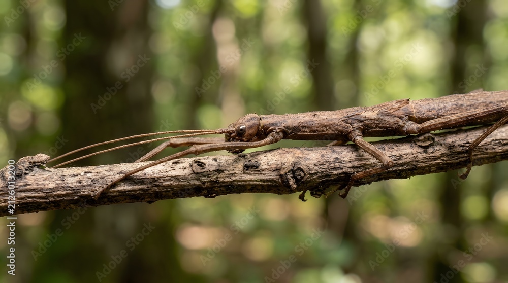 Fototapeta premium Brown stick insect camouflaged on tree branch. Leaf insect blending into bark for natural survival.