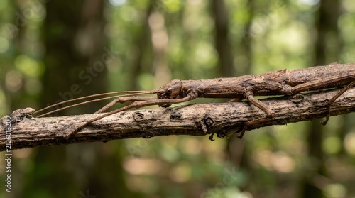 Brown stick insect camouflaged on tree branch. Leaf insect blending into bark for natural survival.