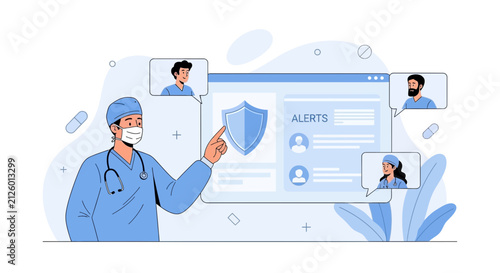 Doctor using telehealth interface to monitor patient alerts and communicate with medical team, symbolizing healthcare security and remote consultation.