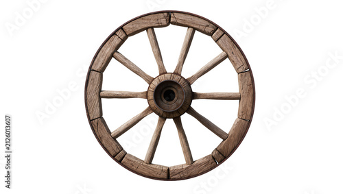 Foto Rustic wooden wagon wheel with metal hub, isolated on transparent background