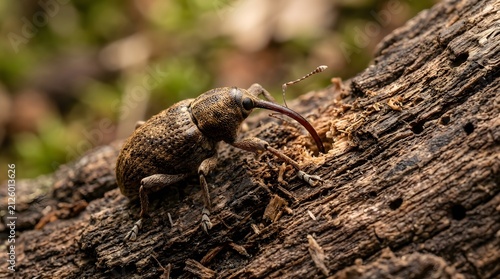 Brown weevil insect feeding on tree bark. Close-up of beetle consuming wood fibers in natural habitat.