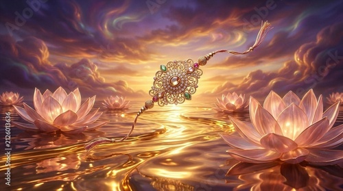 Elegant Golden Rakhi Adorned with Gemstones Floating Gracefully Over Shimmering Golden Water Amidst Glowing Lotus Flowers Under a Majestic Sunset Sky.