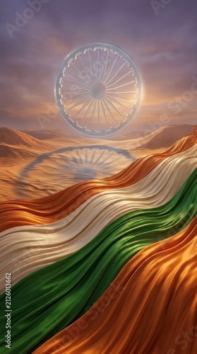 Artistic 3D Illustration of the Indian National Flag Colors Flowing Over a Desert Landscape with a Glowing Ashoka Chakra Floating in the Sunset Sky.