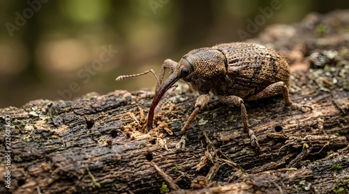 Brown weevil insect feeding on tree bark. Close-up of small beetle consuming organic plant material outdoors.