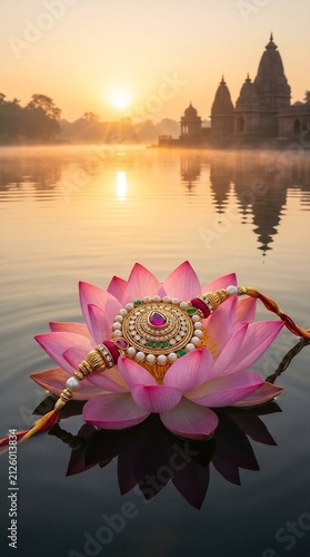 An Ornate Traditional Rakhi Resting on a Pink Lotus Flower Floating on a Sacred River at Sunrise with a Temple Backdrop