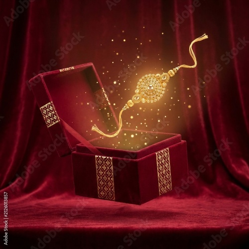Elegant Golden Rakhi Emerging from a Luxurious Velvet Gift Box with Magical Glowing Effects for Raksha Bandhan Celebration.