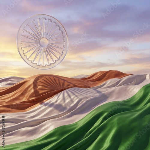 Artistic 3D Representation of the Indian National Flag with a Crystal Ashoka Chakra Floating Over Silken Tricolor Waves in a Sunset Sky Landscape