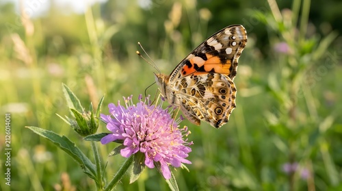 Orange and black butterfly feeding on purple wildflower. Close-up of monarch pollinating vibrant thistle in summer meadow.