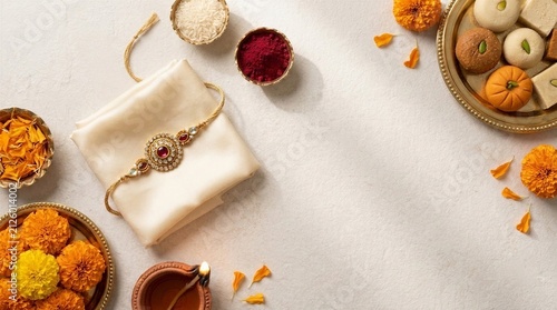 Elegant Raksha Bandhan Celebration with Decorative Rakhi, Traditional Indian Sweets, Marigold Flowers, Kumkum, and Diya on Textured White Background.