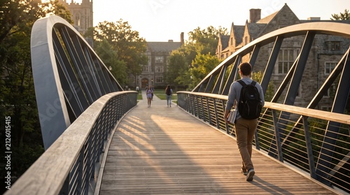 College Student Carrying Books Walking Across Campus Bridge at Sunset