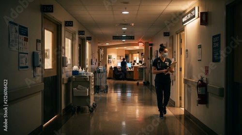 Nurse walking down a dimly lit hospital corridor at night.