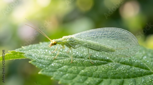 Green lacewing insect resting on fresh leaf. Beneficial predator controlling garden pests naturally in close-up macro view.