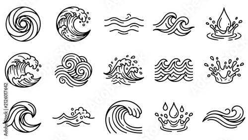 Set of black and white water wave and water splash icons in a simple hand drawn sketch style