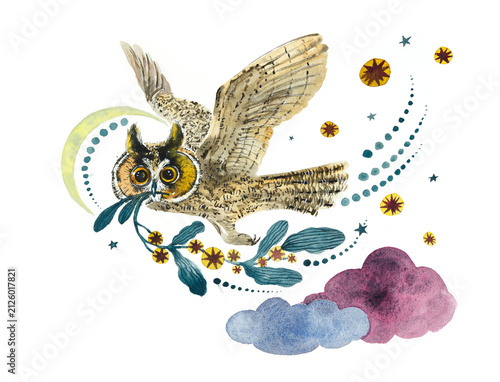 Magical owl flies across the sky, carrying a twig with stars in its beak. Hand drawn watercolor illustration
