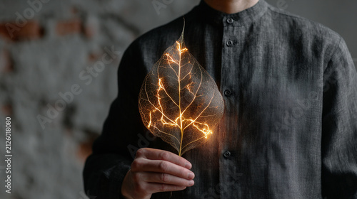 Person Holding a Glowing Skeleton Leaf with Bright Golden Veins