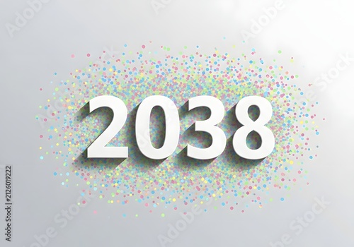 Colorful confetti background with the year 2038 in large white numbers