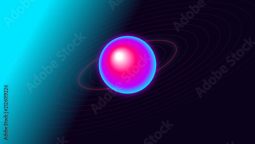 Foto Abstract Neon Glowing Sphere with Concentric Orbital Rings in Deep Space