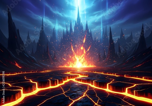 Fantasy landscape with a glowing lava field and a dark castle in the background