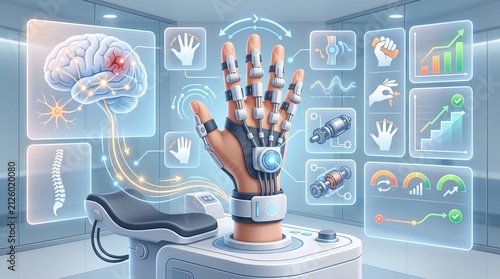 Robotic Hand Rehabilitation Medical Infographic with Therapy Dashboard