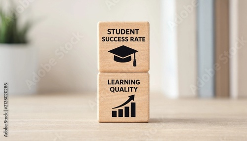 Wooden blocks illustrating student success rate and learning quality improvement with graduation cap and upward graph icons