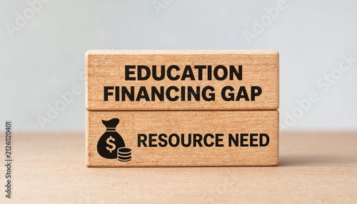 Wooden blocks illustrating the education financing gap and resource need concept with money bag icon