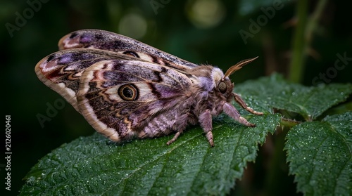 Close-up of a resting moth on a vibrant green leaf. Detailed nocturnal insect perched on foliage in natural habitat.