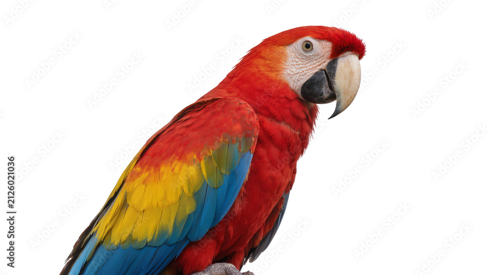 Fototapeta premium Scarlet macaw parrot with vibrant red yellow and blue plumage, isolated on transparent background
