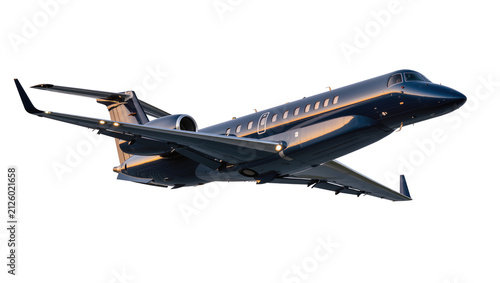 Bild auf Leinwand Sleek dark blue private jet aircraft in flight, isolated on transparent backgrou