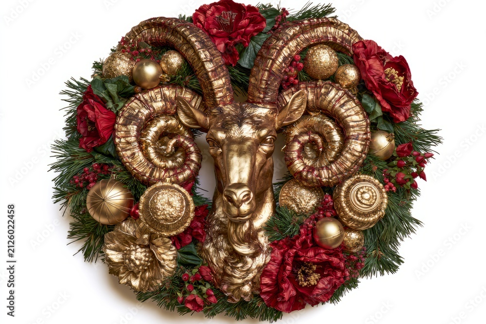 Fototapeta premium Golden ram head christmas wreath decorating holiday season