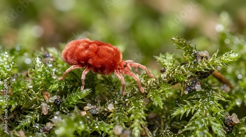 Close-up of red mite crawling on vibrant green moss. Tiny arachnid exploring lush forest floor vegetation in macro detail.