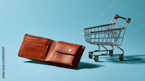 Open brown leather wallet with empty compartments next to miniature empty shopping cart on blue background symbolizing shopping budget and financial spending concept