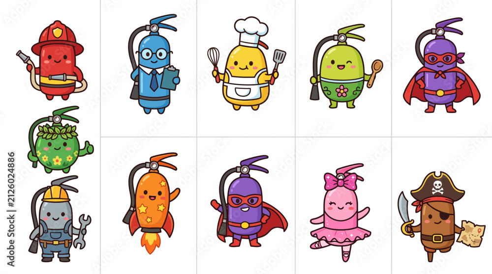 Obraz premium Creative fire extinguisher characters in colorful costumes.