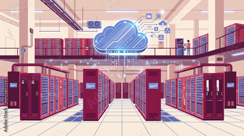 Cloud computing technology infrastructure with server racks in data center room flat vector illustration