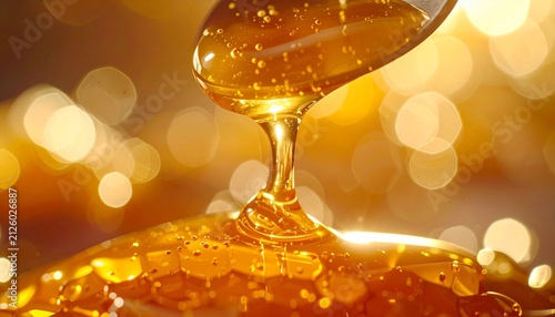Organic Golden Honey Dripping from a Spoon Captured in Macro Close Up with Clean Copy Space for Marketing
