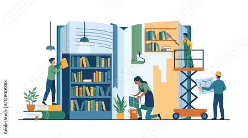 Fotografie Tiny characters building and organizing library inside giant book illustration