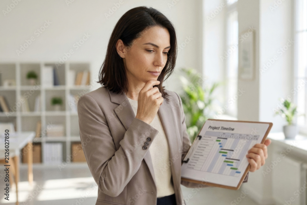 Obraz premium Businesswoman holding clipboard with project timeline chart and thinking