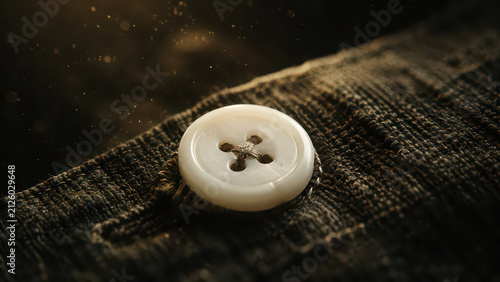 Button, fabric, macro, textile, thread on dark cloth with warm dust particle