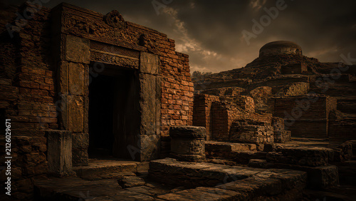 Ruin stone doorway temple storm cloud over historic desert archaeology site