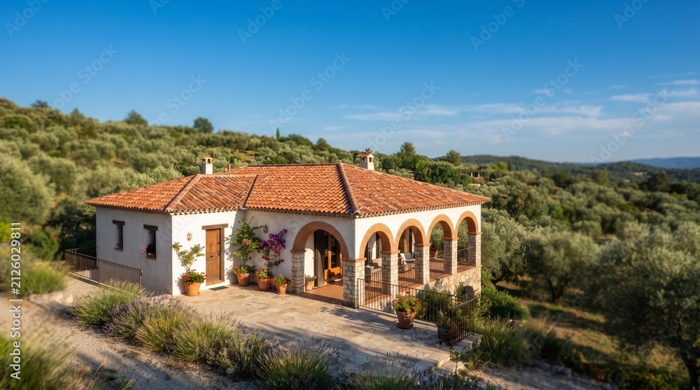 Fototapeta premium Mediterranean villa in olive grove. Traditional stone house with arches and terracotta roof.