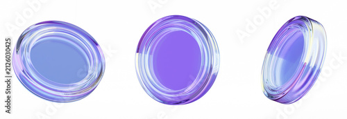 3D render of floating purple glass blank coins. Icon set of crypto digital currency financial symbol, money income wealth earning and savings, stock market investment, trading profit, and economic.