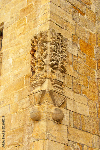 Ornate Stone Carving on Historic Building Facade. Mondoñedo Cathedral
