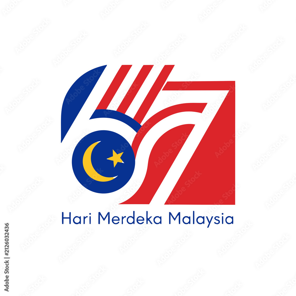 Obraz premium 67th Hari Merdeka Malaysia Typography Logo with Malaysian Flag Colors | Malaysia Independence Day Vector