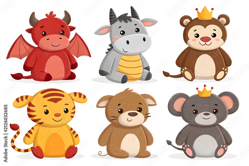 Fototapeta premium Six cute cartoon animals dressed as fantasy characters sitting down