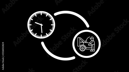 Obraz na płótnie White line of a clock and a mechanic repairing a car on black background