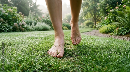 Barefoot person walking on fresh green grass in a garden.