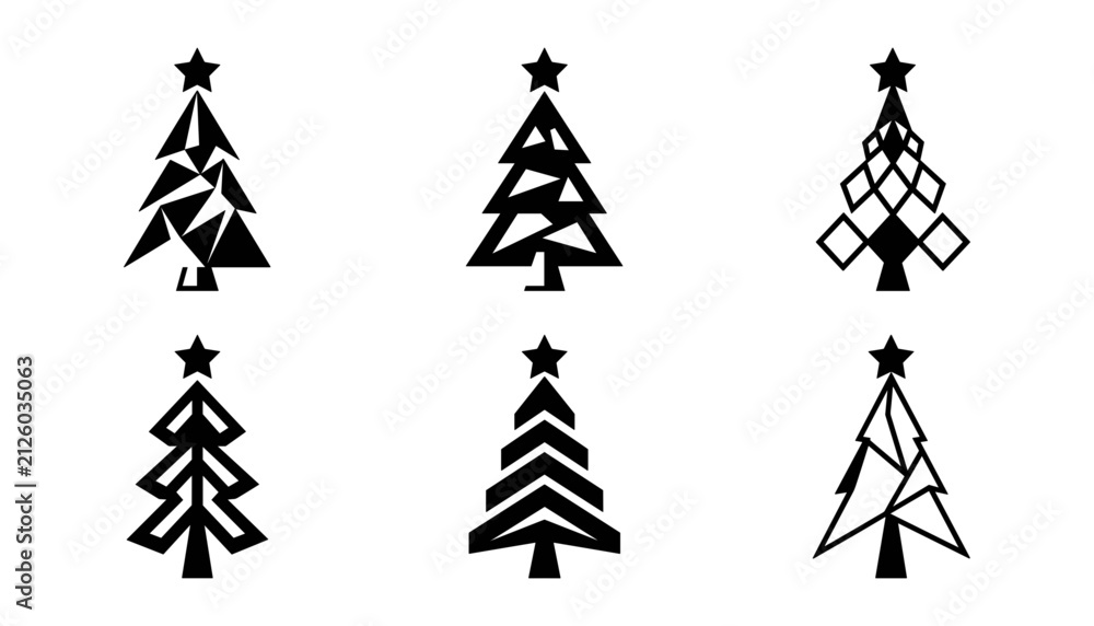 Obraz premium Christmas Trees Vector Icons in Various Abstract and Geometric Styles for Festive Designs and Decorations