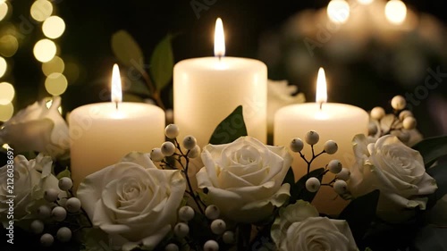Burning Candles With White Roses.
